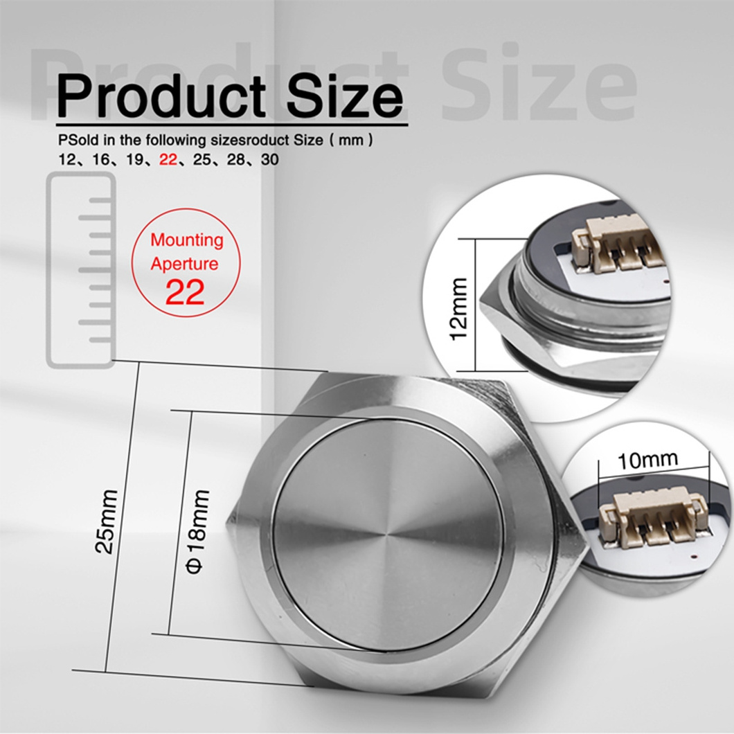 22MM Ulrta-Thin Stainless Steel Metal Push Button 1NO Flat Round Head with 4 Pin Bottom Outlet Cable harness Connect