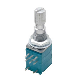 Small-sized (9mm) rotary potentiometer with switch horizontal type and PCB plug-in board ideal for tight spaces