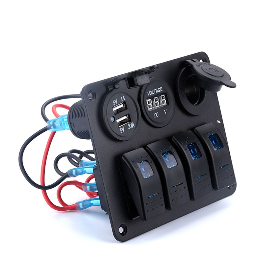 Rocker Switch Black Waterproof 4 Gang Rocker Switch Panel with LED Indicators For Boat and Marine