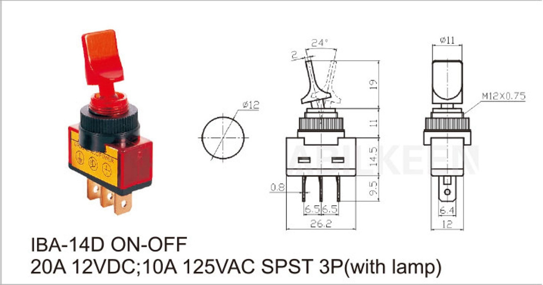 ABILKEEN Hot Selling ON-OFF 19mm Plastic Flat Rod Handle Type SPST Toggle Switch 20A 12VDC 10A 125VAC with 3Pin Solder Terminal