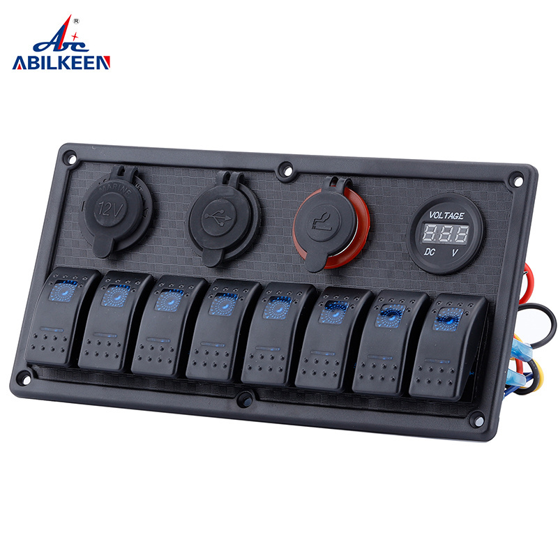 Marine Boat Yacht Waterproof Black 8-Gang Blue Red Led Rocker Switch Panel For Caravan