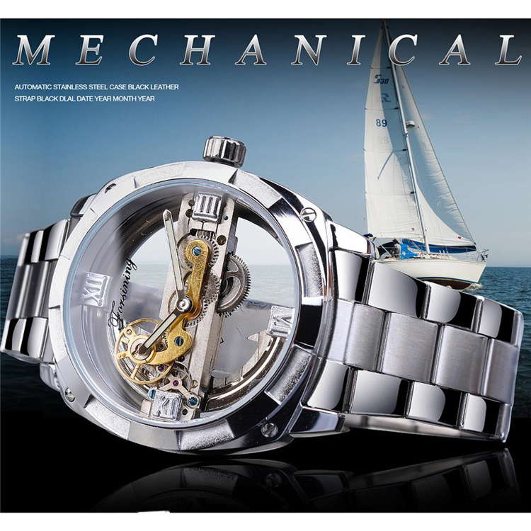 Forsining Watch GMT1165 Men Transparent Design Mechanical Silver Gear Skeleton stainless steel automatic watches men