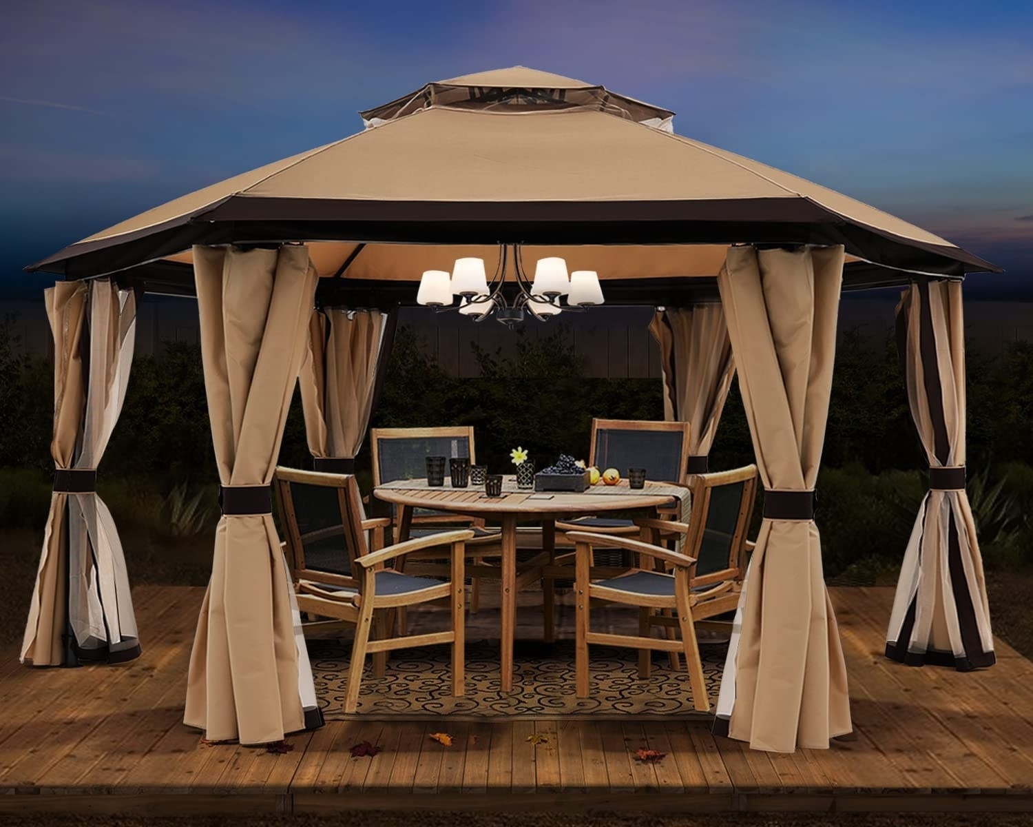 10x10ft Hexagonal Garden Gazebo With Netting and Privacy Curtains Outdoor Pavilion Tent Waterproof Pergola