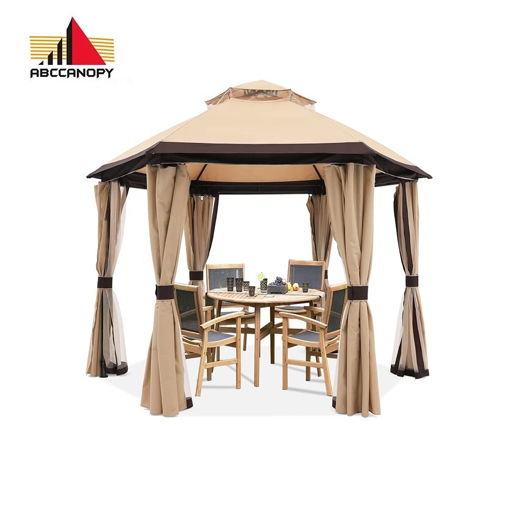 10x10ft Hexagonal Garden Gazebo With Netting and Privacy Curtains Outdoor Pavilion Tent Waterproof Pergola