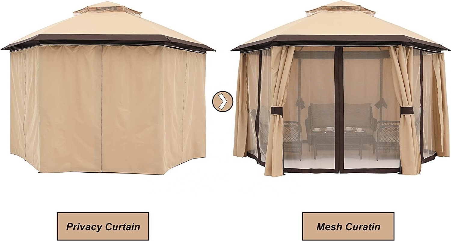 10x10ft Hexagonal Garden Gazebo With Netting and Privacy Curtains Outdoor Pavilion Tent Waterproof Pergola