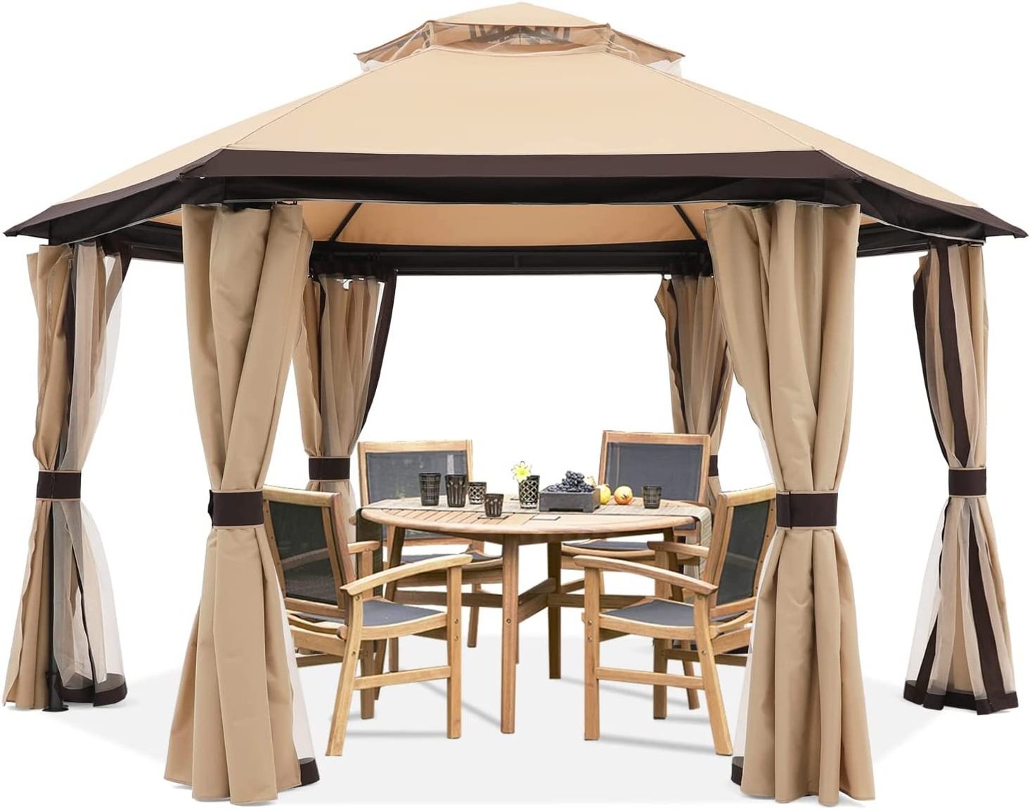 10x10ft Hexagonal Garden Gazebo With Netting and Privacy Curtains Outdoor Pavilion Tent Waterproof Pergola