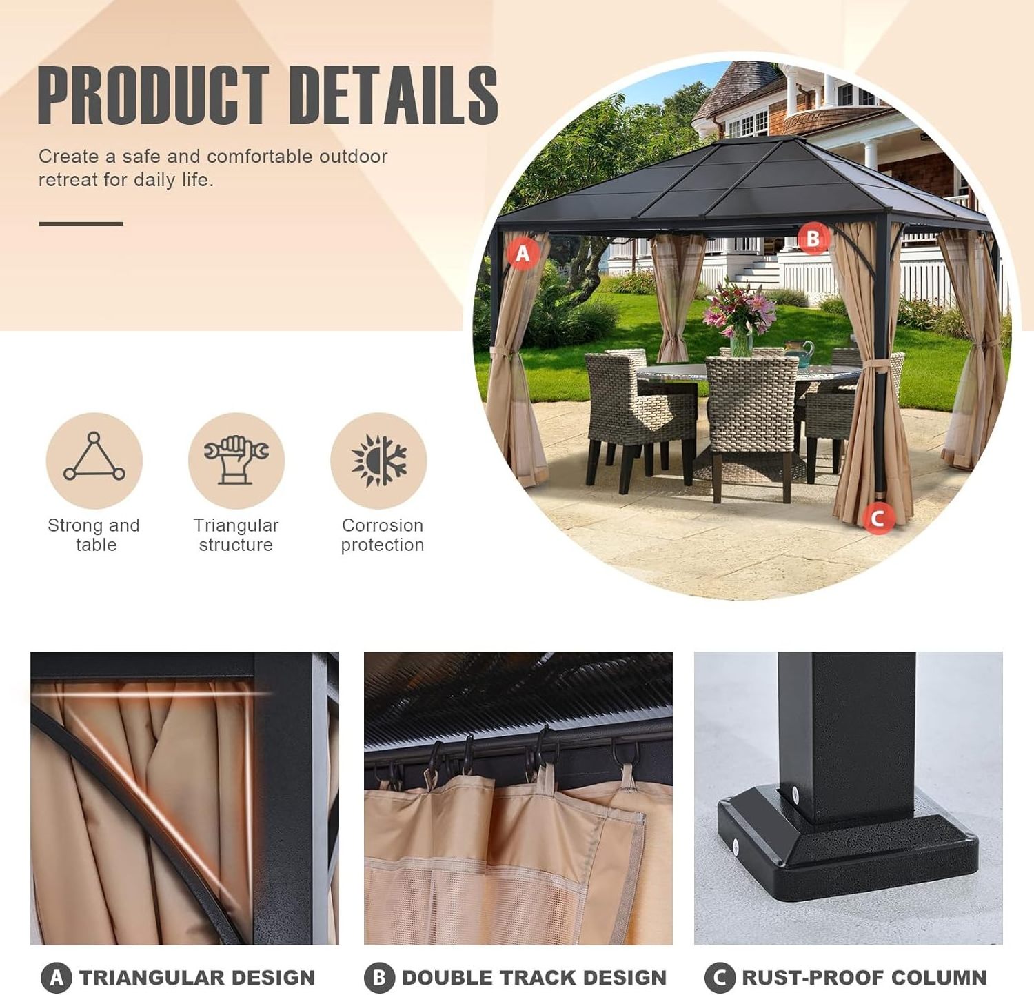 ABCCANOPY 3 x 3.7m Gazebo Hard top Exterior Garden Pavilion Removable Curtains Pool Gazebo For Sale