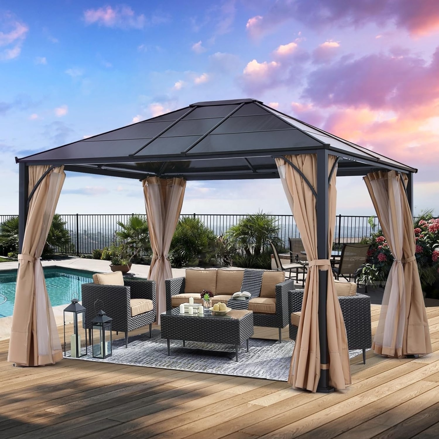 ABCCANOPY 3 x 3.7m Gazebo Hard top Exterior Garden Pavilion Removable Curtains Pool Gazebo For Sale