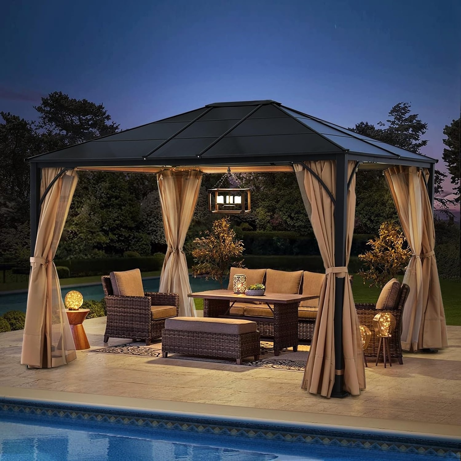 ABCCANOPY 3 x 3.7m Gazebo Hard top Exterior Garden Pavilion Removable Curtains Pool Gazebo For Sale