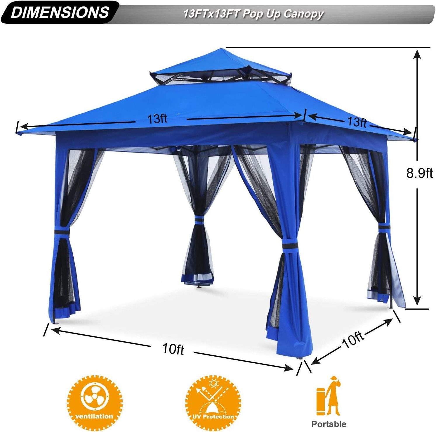 ABCCANOPY Pop Up Gazebo 13x13 - Outdoor Canopy Tent with Mosquito Netting for Patio Garden Backyard (Blue)