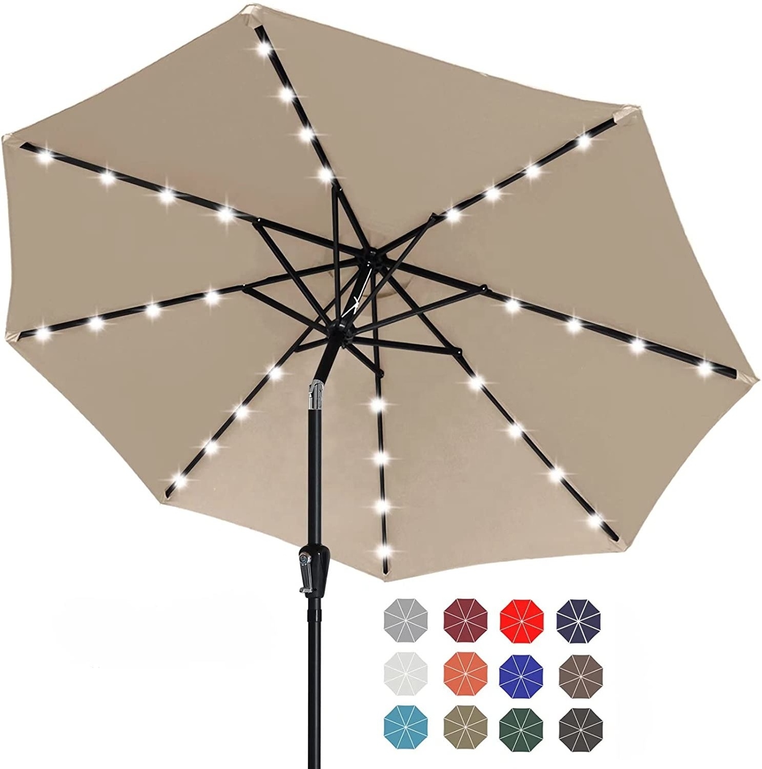 9ft Solar Patio Umbrella with 32 LED Lights Garden Umbrella heavy duty outdoor umbrellas with Push Button Tilt