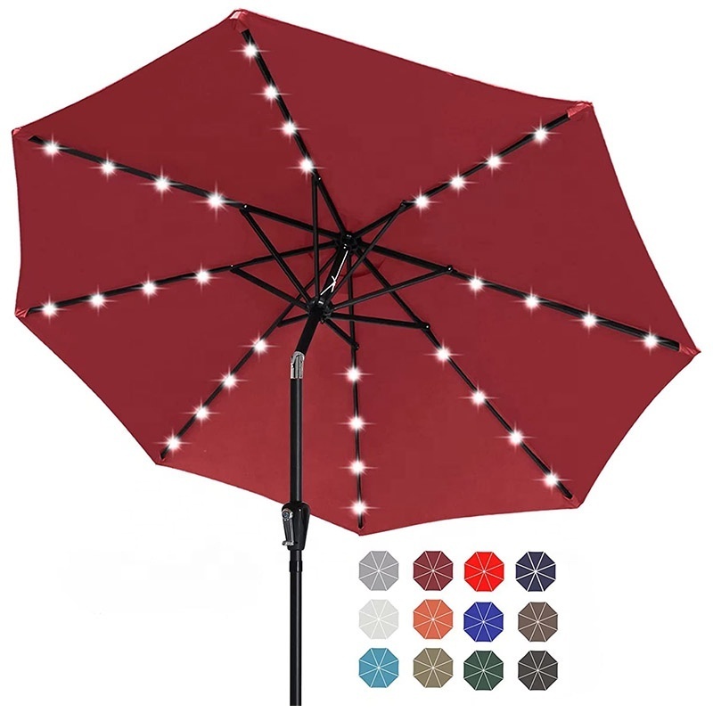 9ft Solar Patio Umbrella with 32 LED Lights Garden Umbrella heavy duty outdoor umbrellas with Push Button Tilt