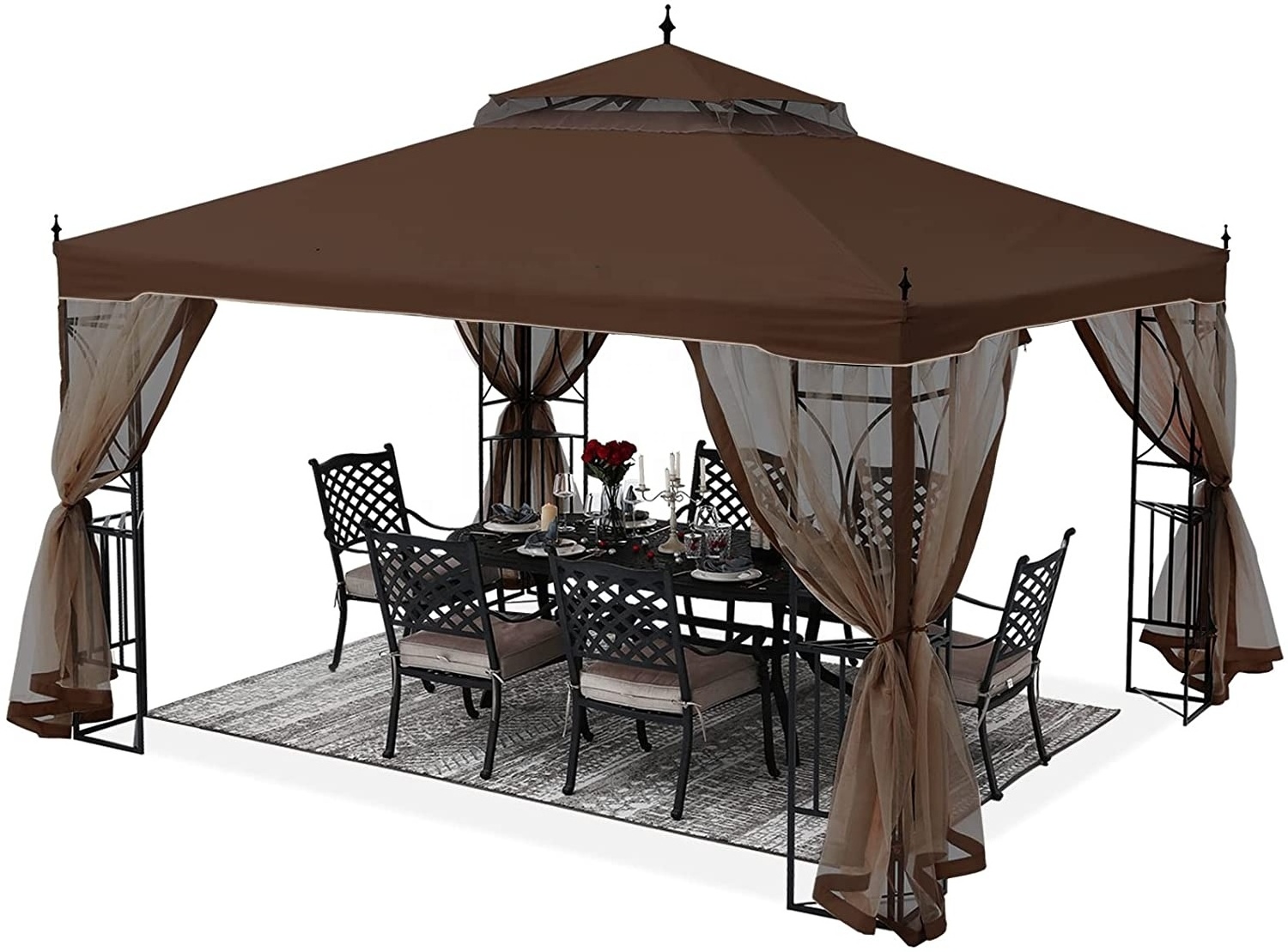 3x3.5m Outdoor Gazebo Tent Pop Up Luxury Garden Gazebo With Mosquito Netting Brown