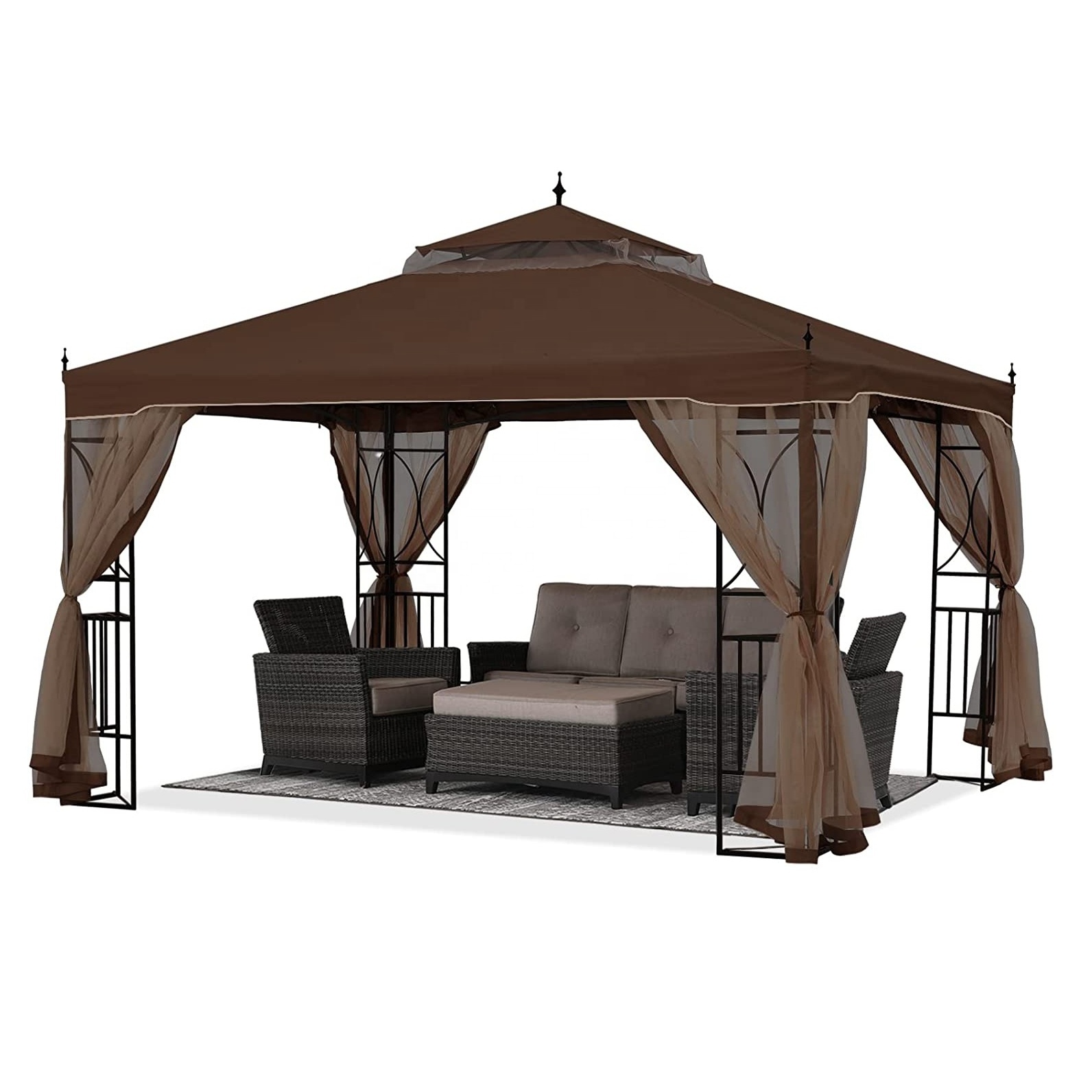 3x3.5m Outdoor Gazebo Tent Pop Up Luxury Garden Gazebo With Mosquito Netting Brown