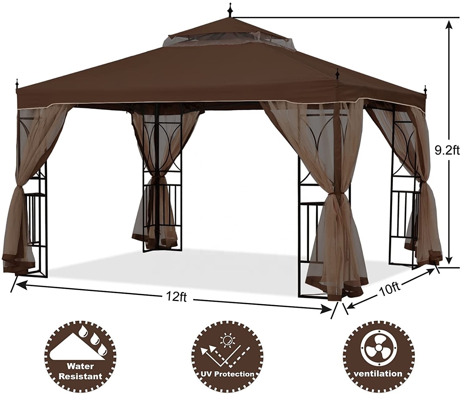 3x3.5m Outdoor Gazebo Tent Pop Up Luxury Garden Gazebo With Mosquito Netting Brown