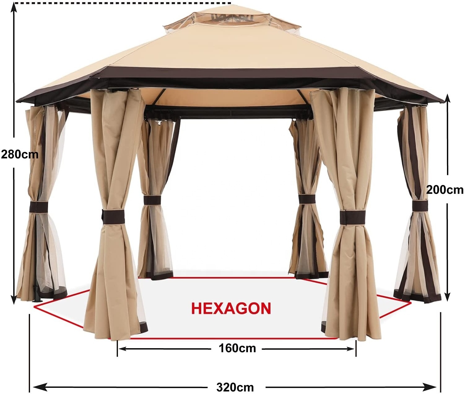 10'x10' Gazebos Patios Outdoor Hexagonal Gazebo with Netting and Privacy Curtains by ABCCANOPY