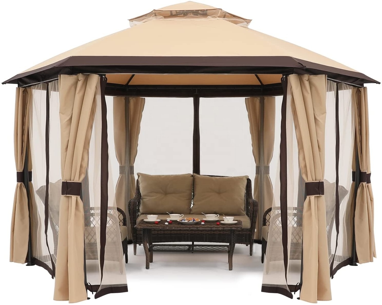 10'x10' Gazebos Patios Outdoor Hexagonal Gazebo with Netting and Privacy Curtains by ABCCANOPY