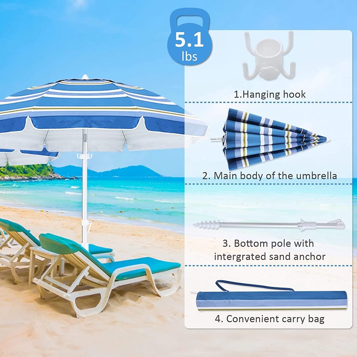 ABCCANOPY 6.5FT Beach Umbrella UV 50+ Protection Outdoor Sunshade Umbrella with Sand Anchor, Tilt, Hanging Hook, Carry Bag, for