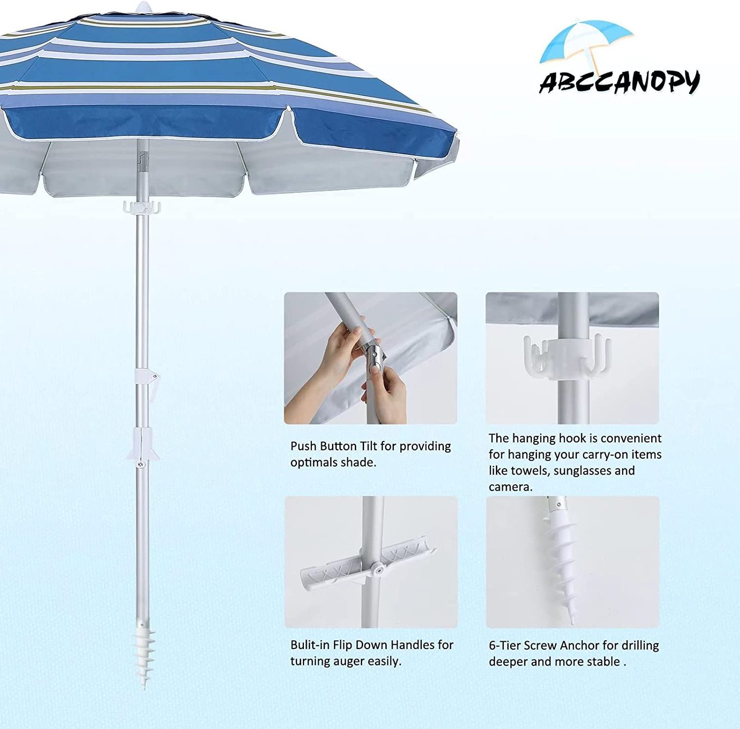 ABCCANOPY 6.5FT Beach Umbrella UV 50+ Protection Outdoor Sunshade Umbrella with Sand Anchor, Tilt, Hanging Hook, Carry Bag, for