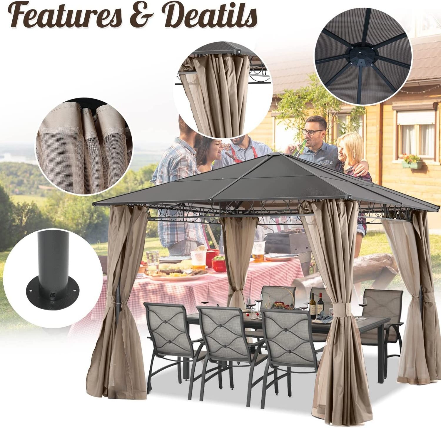 ABCCANOPY Outdoor Hardtop Aluminum Patio Gazebo with Mosquito Netting Screen Walls Curtain (10x10,Dark Grey)