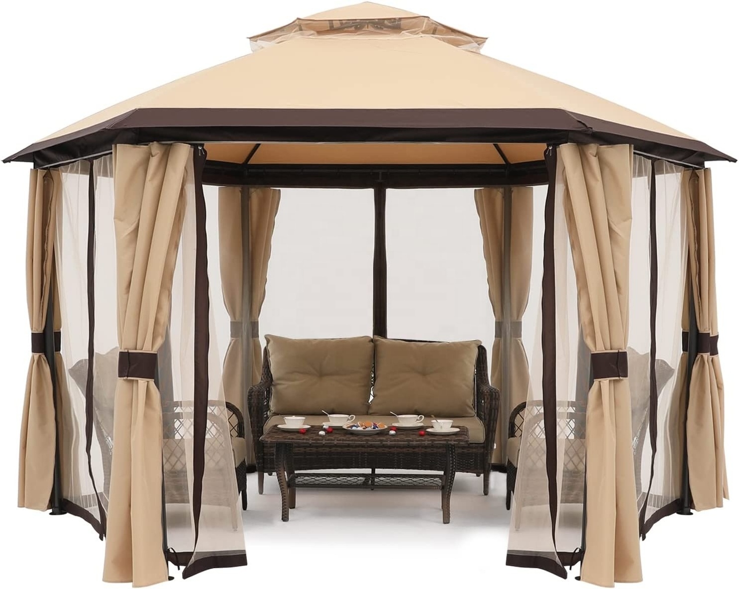 13 x 13 Ft Hexagonal Steel Gazebo With Mosquito Net Gazebo Side Curtains Rip Fabric Gazebo Outdoor