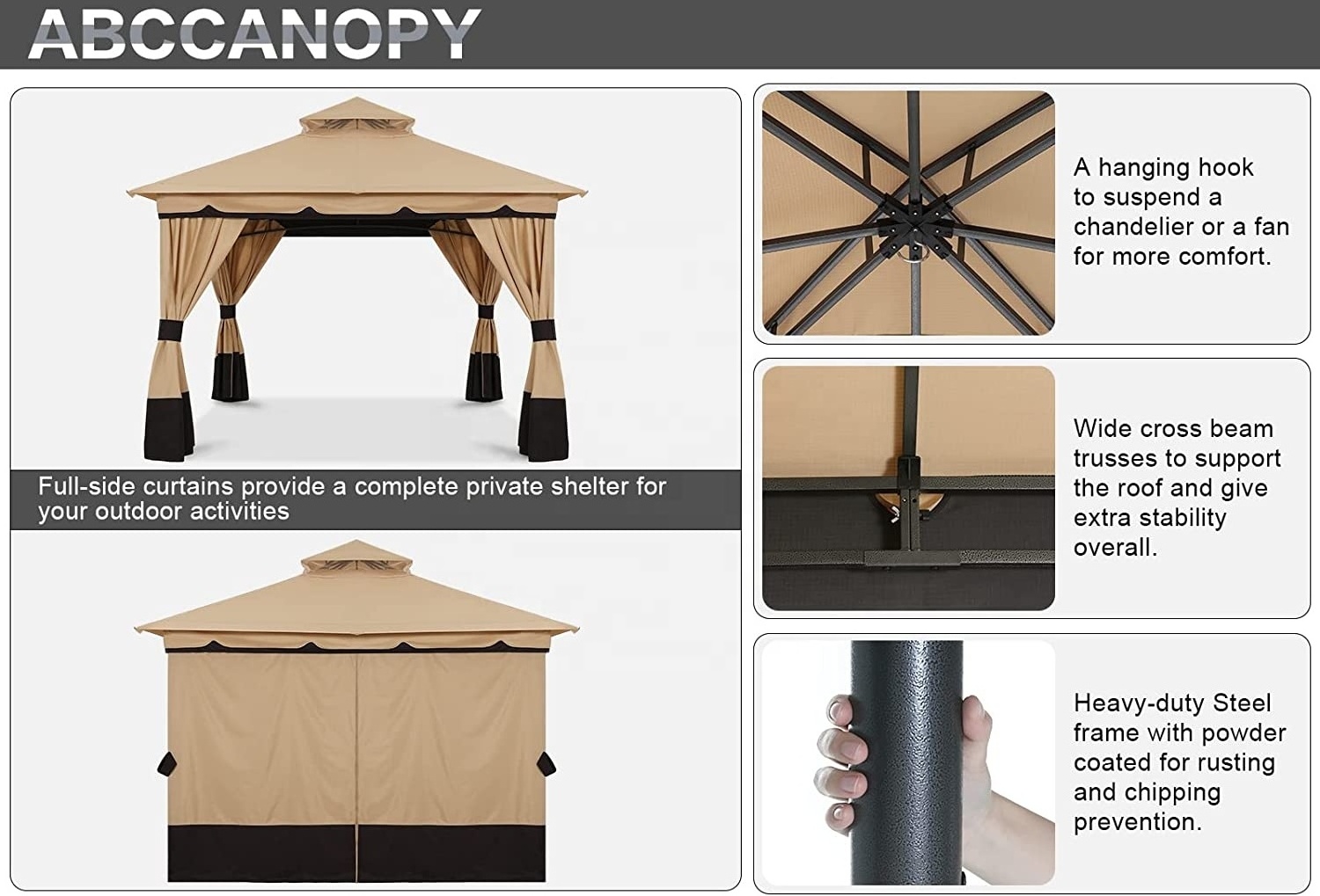 ABCCANOPY Gazebo Outdoor 10x12 Patio Garden Gazebo Canopy With Curtains Khaki Top Backyard Gazebo Tent