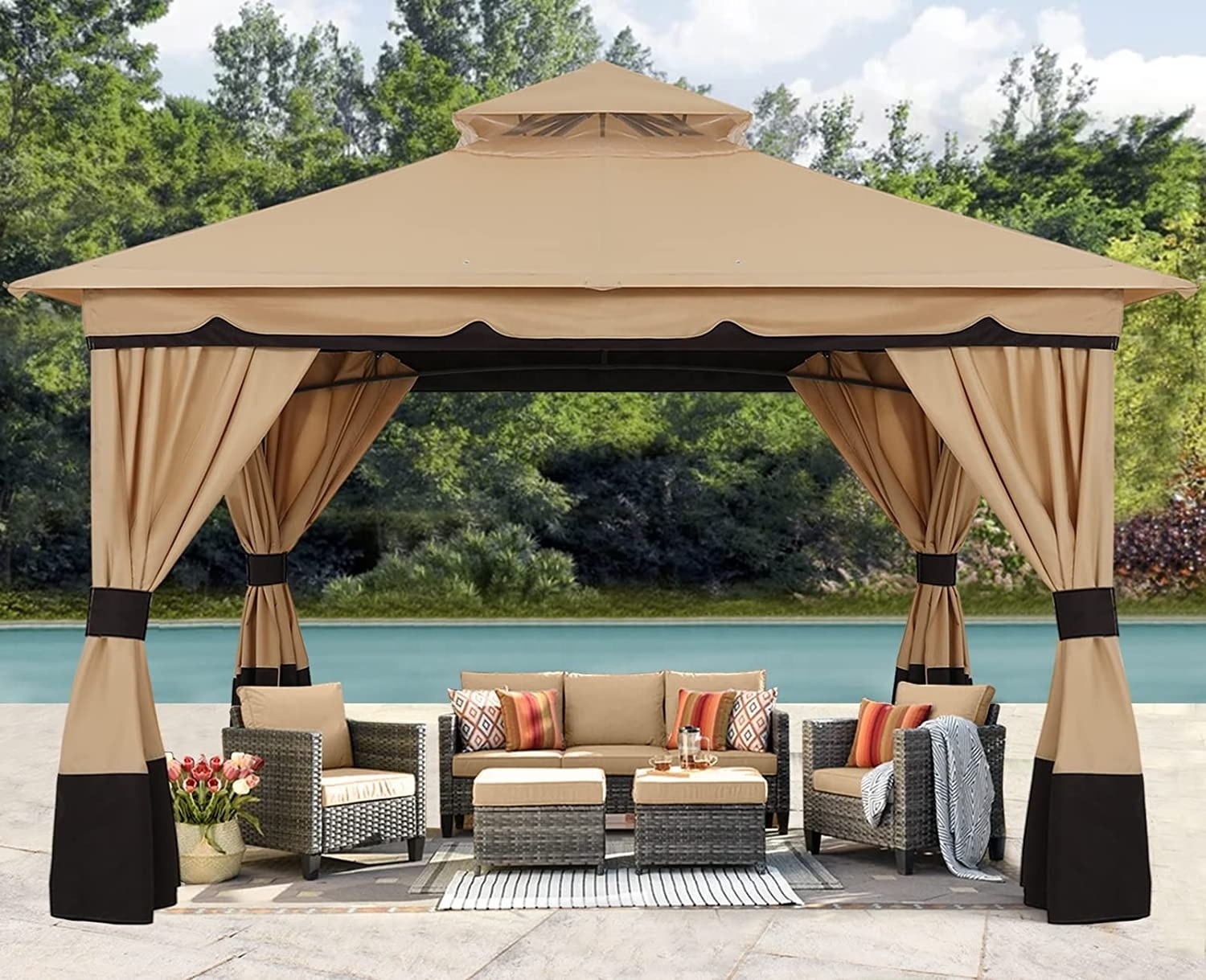 ABCCANOPY Gazebo Outdoor 10x12 Patio Garden Gazebo Canopy With Curtains Khaki Top Backyard Gazebo Tent