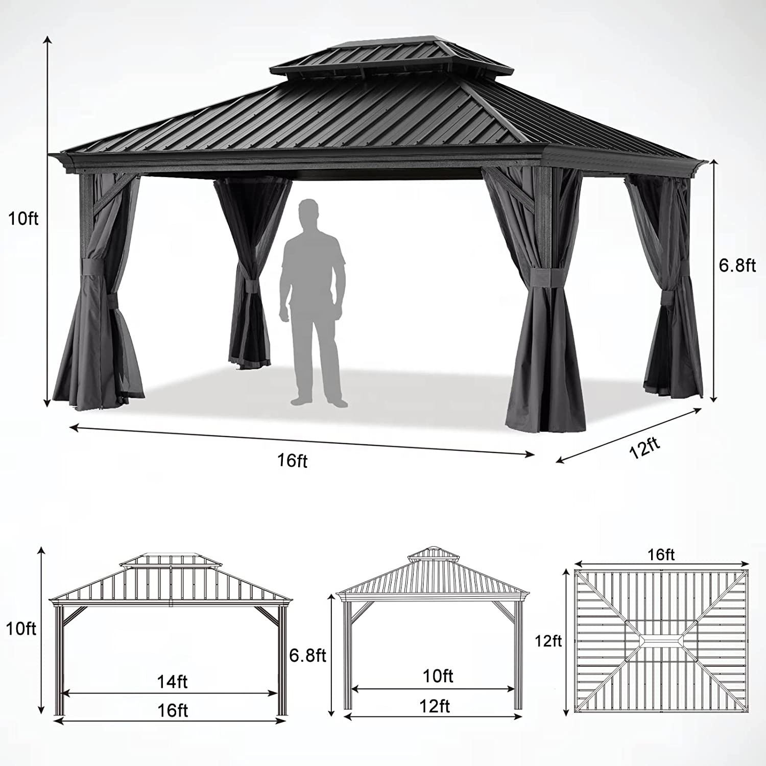 ABCCANOPY Outdoor Living 12 x 16 Hardtop Metal Roof Aluminum Gazebo Galvanized Steel Double Roof Aluminum Backyard Pavilion