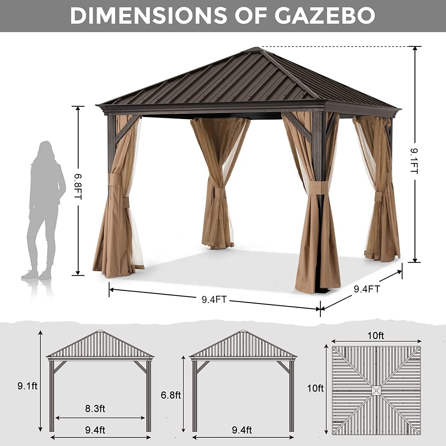 ABCCANOPY 3x3 Aluminum Gazebo Permanent Outdoor Aluminum Pavilion Garden Gazebo Coated Frame Hardtop Gazebo