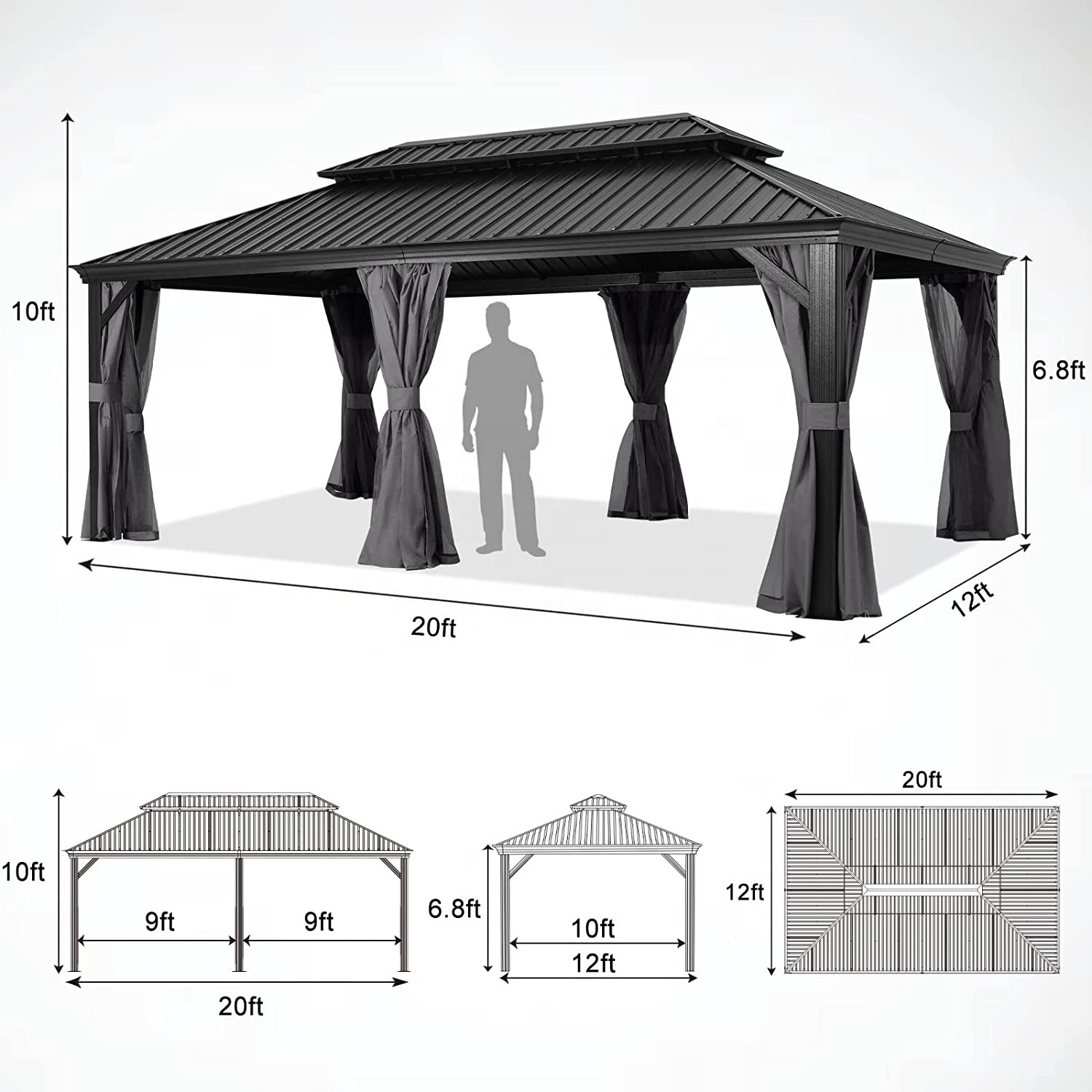 ABCCANOPY 12x20 Hardtop Gazebo With Galvanized Steel Double Roof Aluminum Gazebo With Netting And Curtain For Patio Lawn Garde