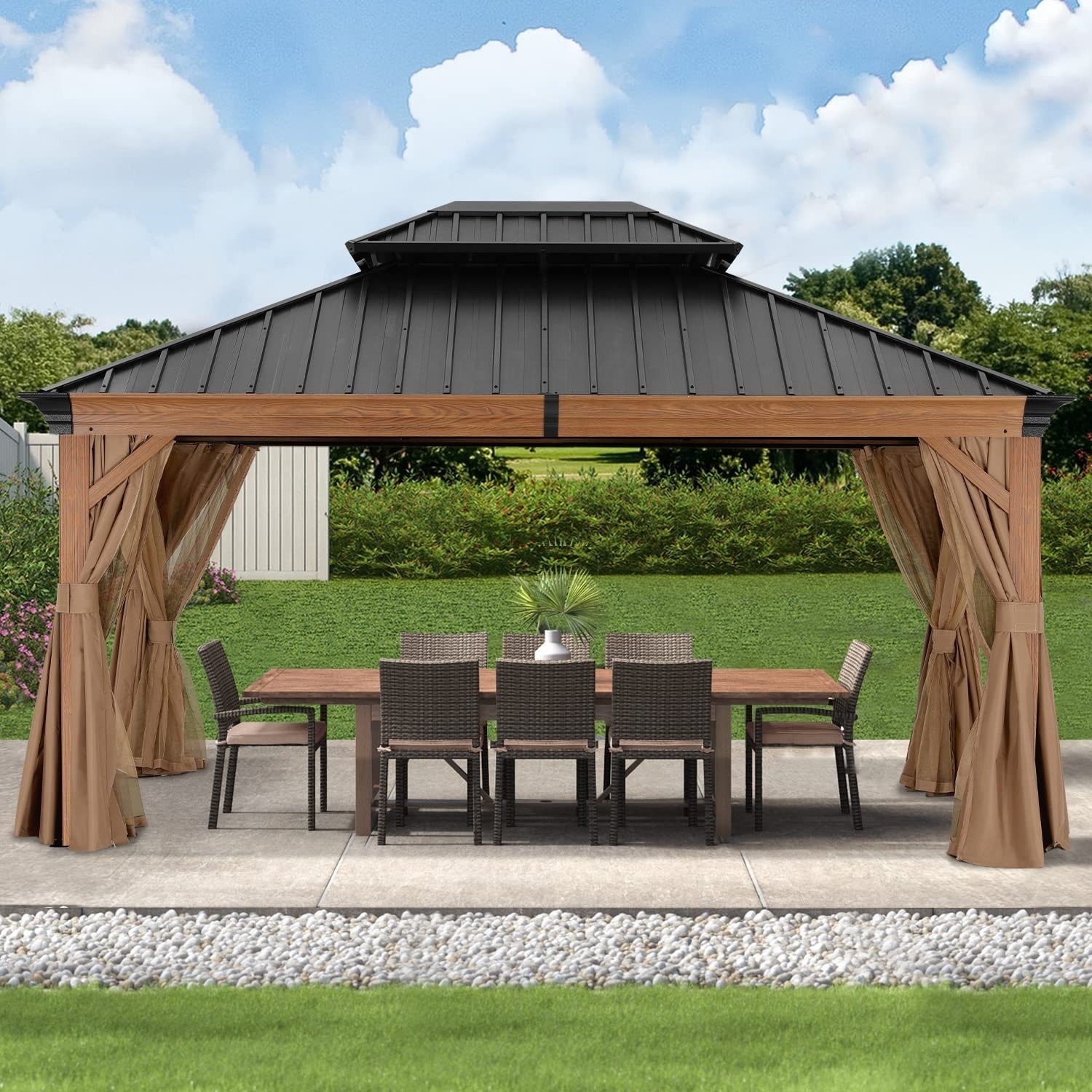 ABCCANOPY 12x16 Aluminum Outdoor Permanent Gazebo With Galvanized Steel Double Roof Hardtop Aluminum Frame Gazebo Wood Looking