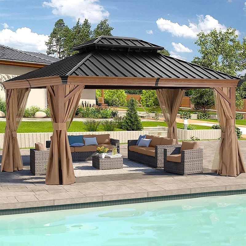 ABCCANOPY 12x16 Aluminum Outdoor Permanent Gazebo With Galvanized Steel Double Roof Hardtop Aluminum Frame Gazebo Wood Looking