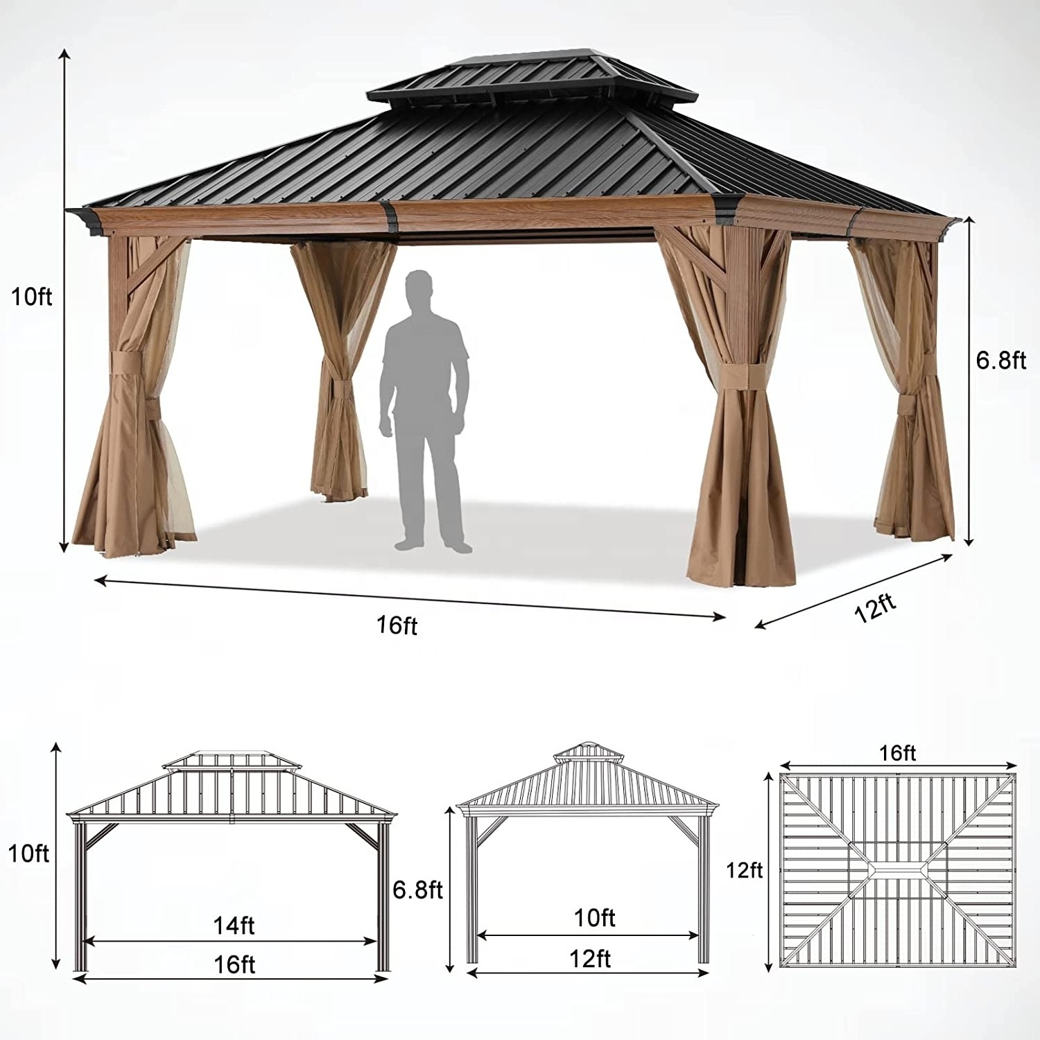 ABCCANOPY 12x16 Aluminum Outdoor Permanent Gazebo With Galvanized Steel Double Roof Hardtop Aluminum Frame Gazebo Wood Looking