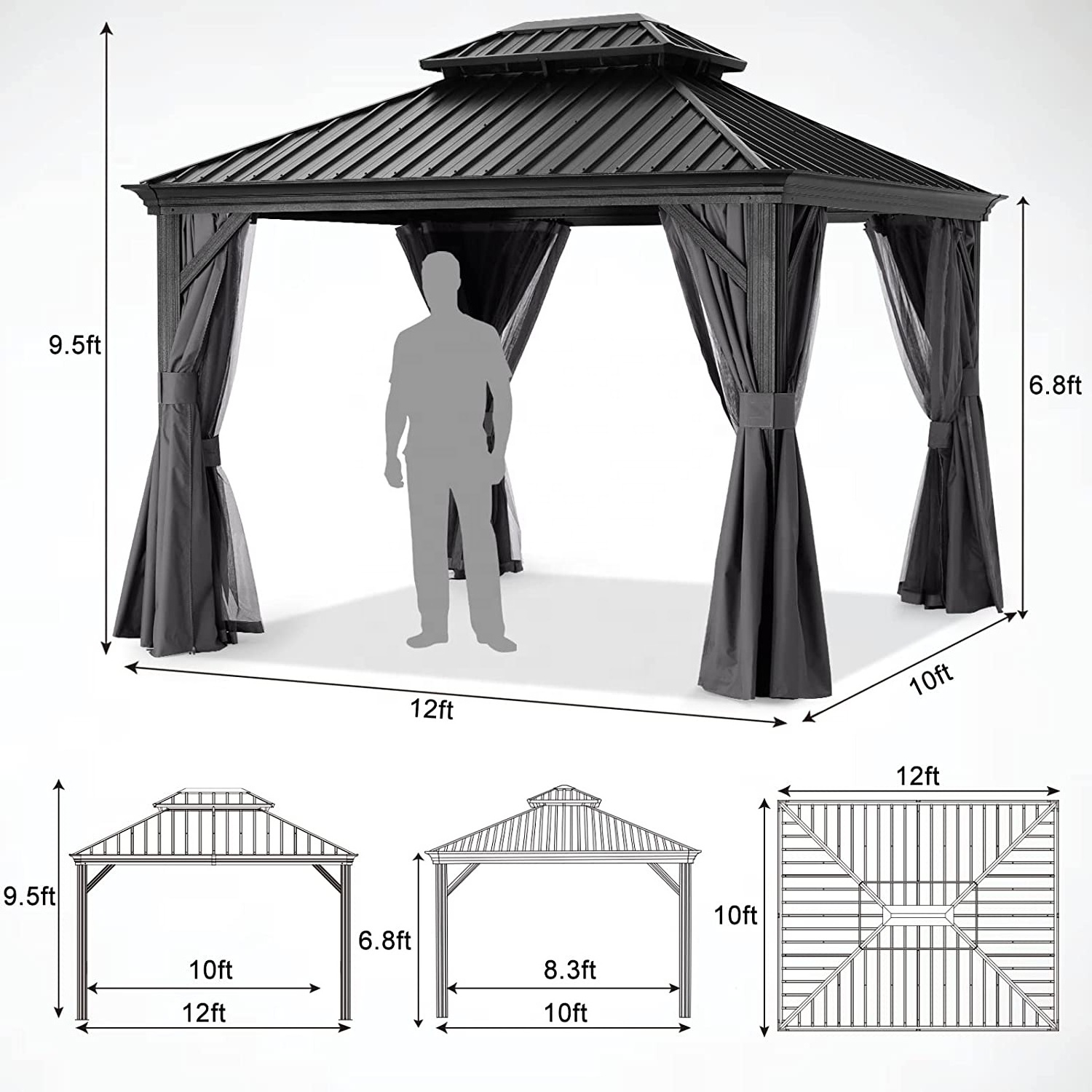 10x12 Aluminum Hardtop Gazebo Double Roof Pavilion with Netting and Curtain for Patio