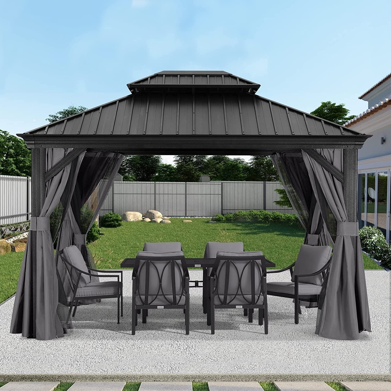 10x12 Aluminum Hardtop Gazebo Double Roof Pavilion with Netting and Curtain for Patio