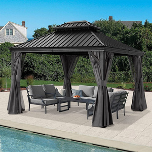 10x12 Aluminum Hardtop Gazebo Double Roof Pavilion with Netting and Curtain for Patio