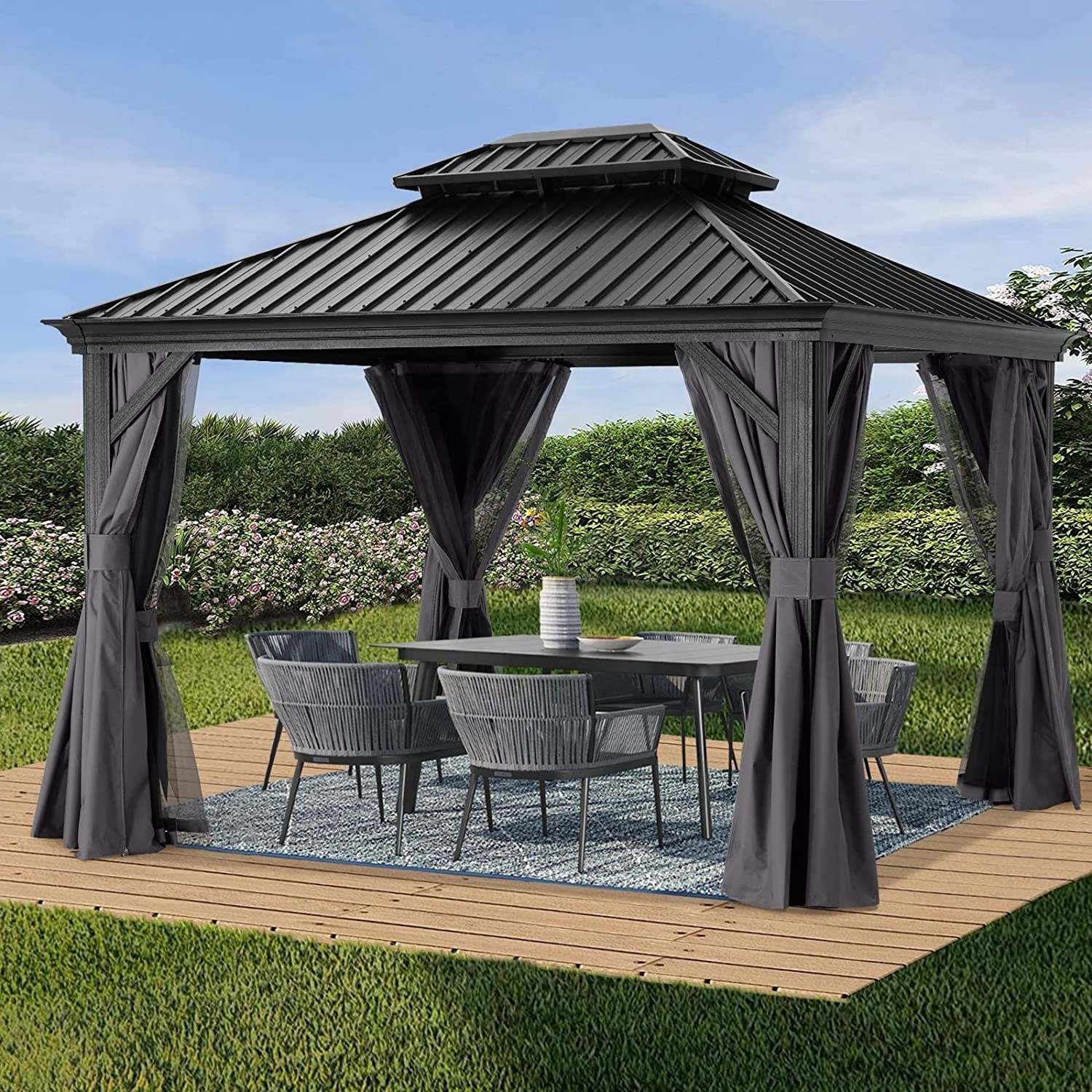 10x12 Aluminum Hardtop Gazebo Double Roof Pavilion with Netting and Curtain for Patio