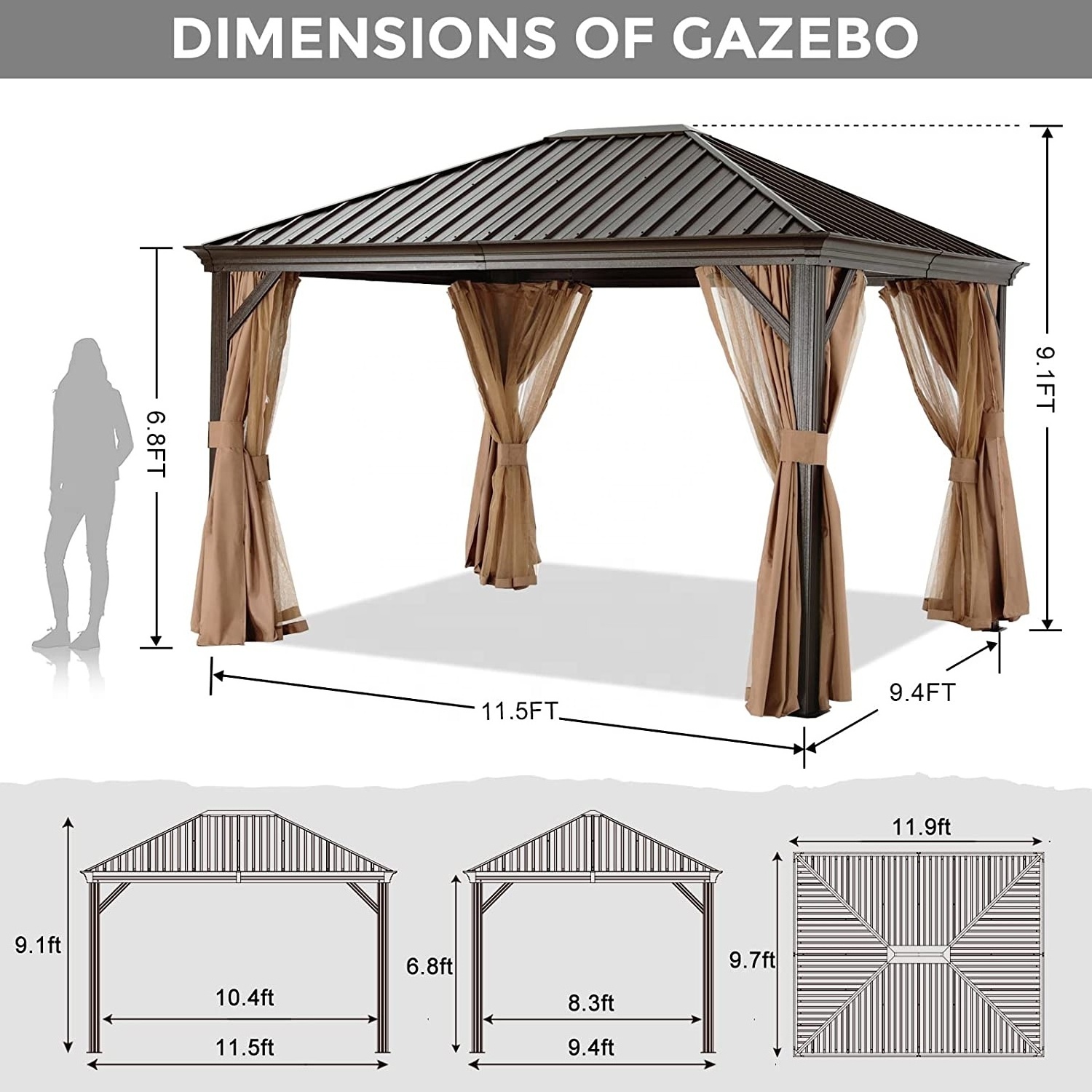 10x12 ABCCanopy Single Roof Aluminum Hardtop Patio Gazebo with Galvanized Steel Roof