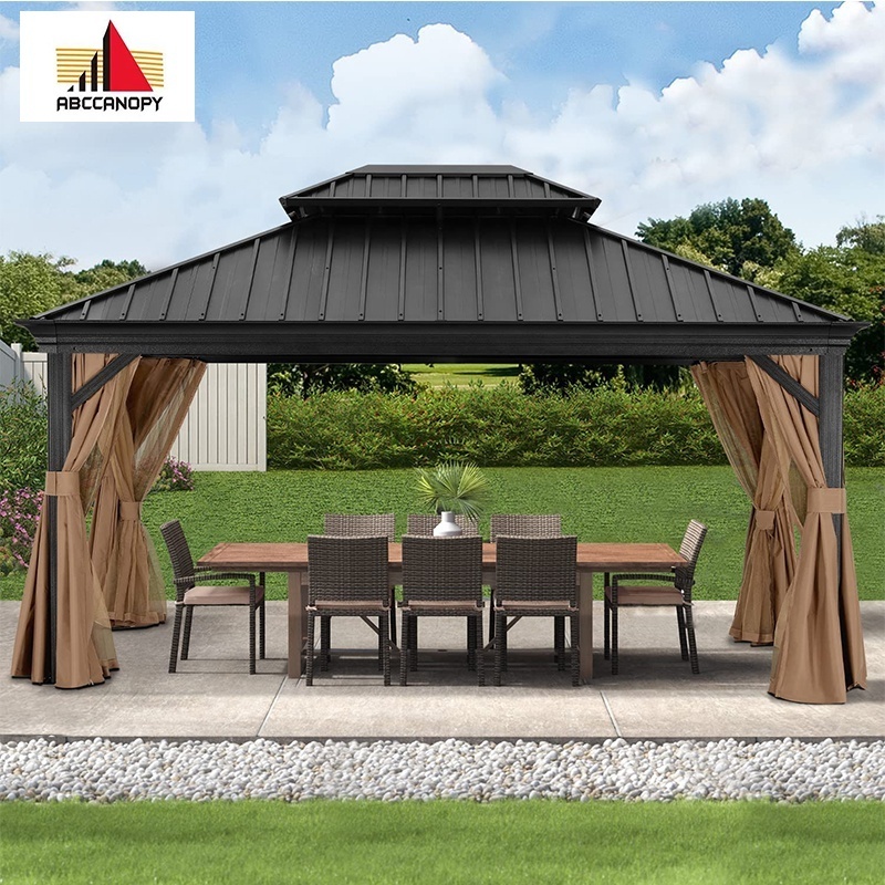 ABCCANOPY Hardtop Gazebo 12x16 Hardtop Gazebo With Nettings Hardtop Gazebo Double Top Outdoor Iron Metal Double Roof Pergola