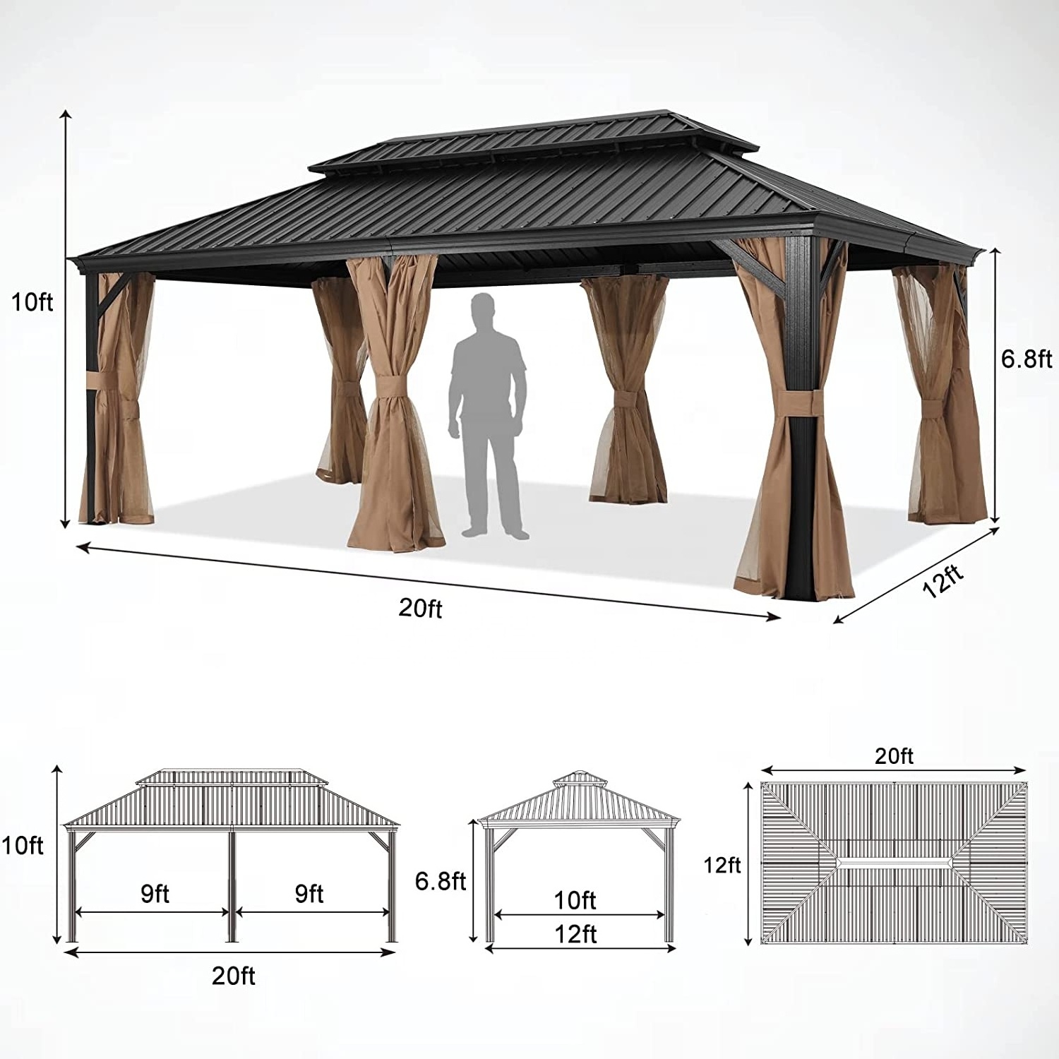 ABCCANOPY Patio Gazebo 12 x 20 2-Tier Hardtop Gazebo Outdoor Aluminum Luxury Hardtop Gazebo  Gartenpavillon