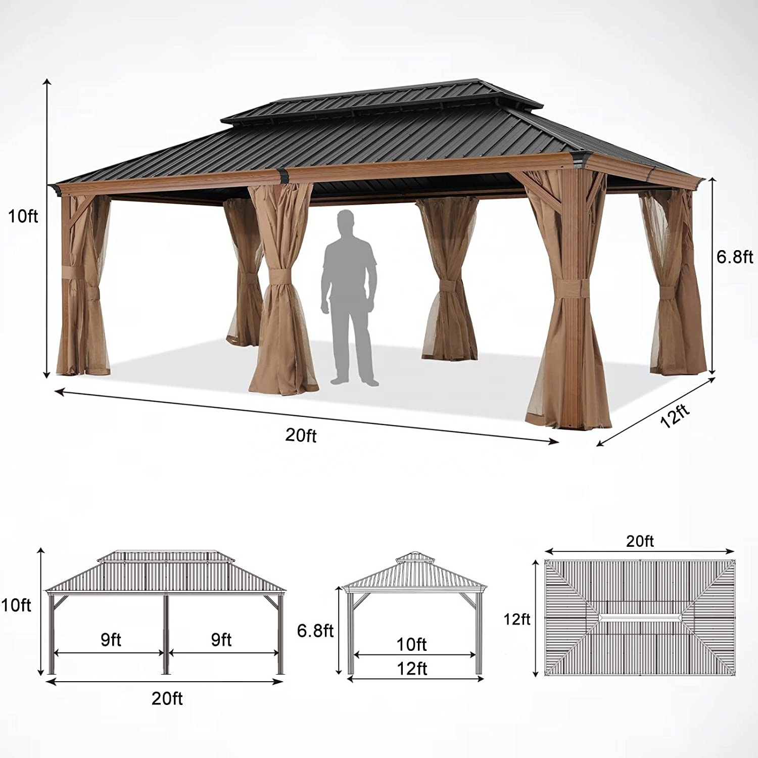 ABCCANOPY 12x20ft Permanent Pavilion Outdoor Patio Gazebo Waterproof With Galvanized Steel Double Roof Gazebo Mosquito Netting