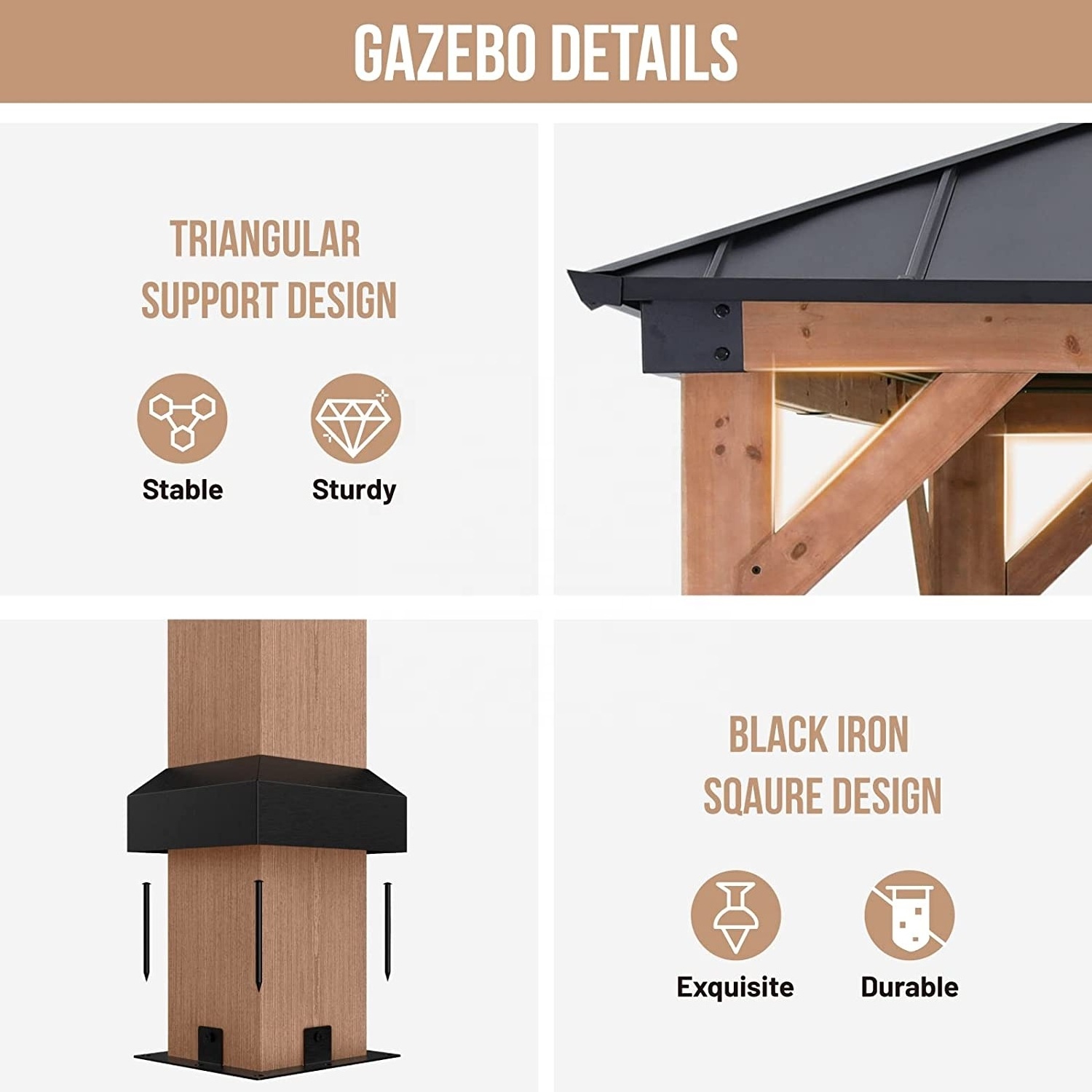 ABCCANOPY 11x11ft Wooden Gazebo For Sale Outdoor Polycarbonate Gazebo With Hardtop Metal Double Roof Japanese Gazebo