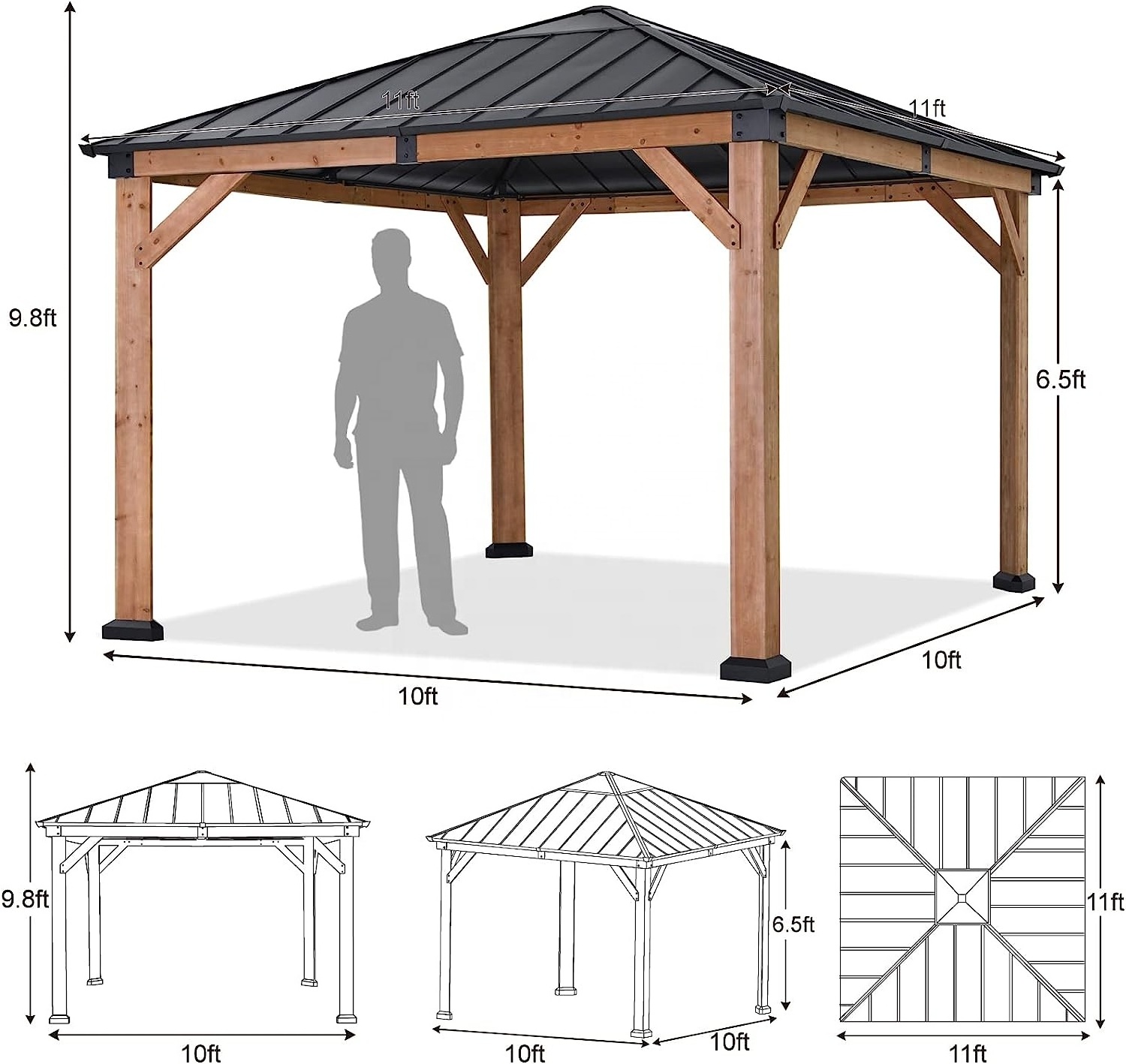 ABCCANOPY 11x11ft Wooden Gazebo For Sale Outdoor Polycarbonate Gazebo With Hardtop Metal Double Roof Japanese Gazebo