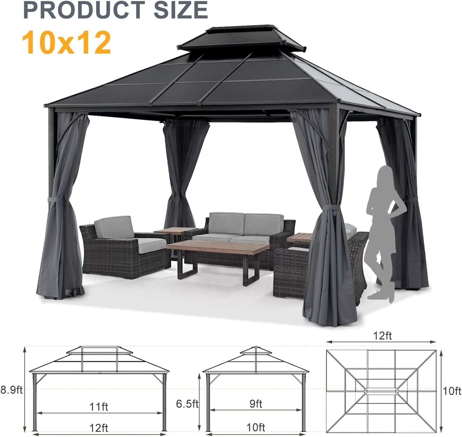 ABCCANOPY Hardtop 10x12 Gazebos Outdoor Polycarbonate Double Roof Gazebo Frame Permanent Pavilion Aluminum Pergola Outdoor