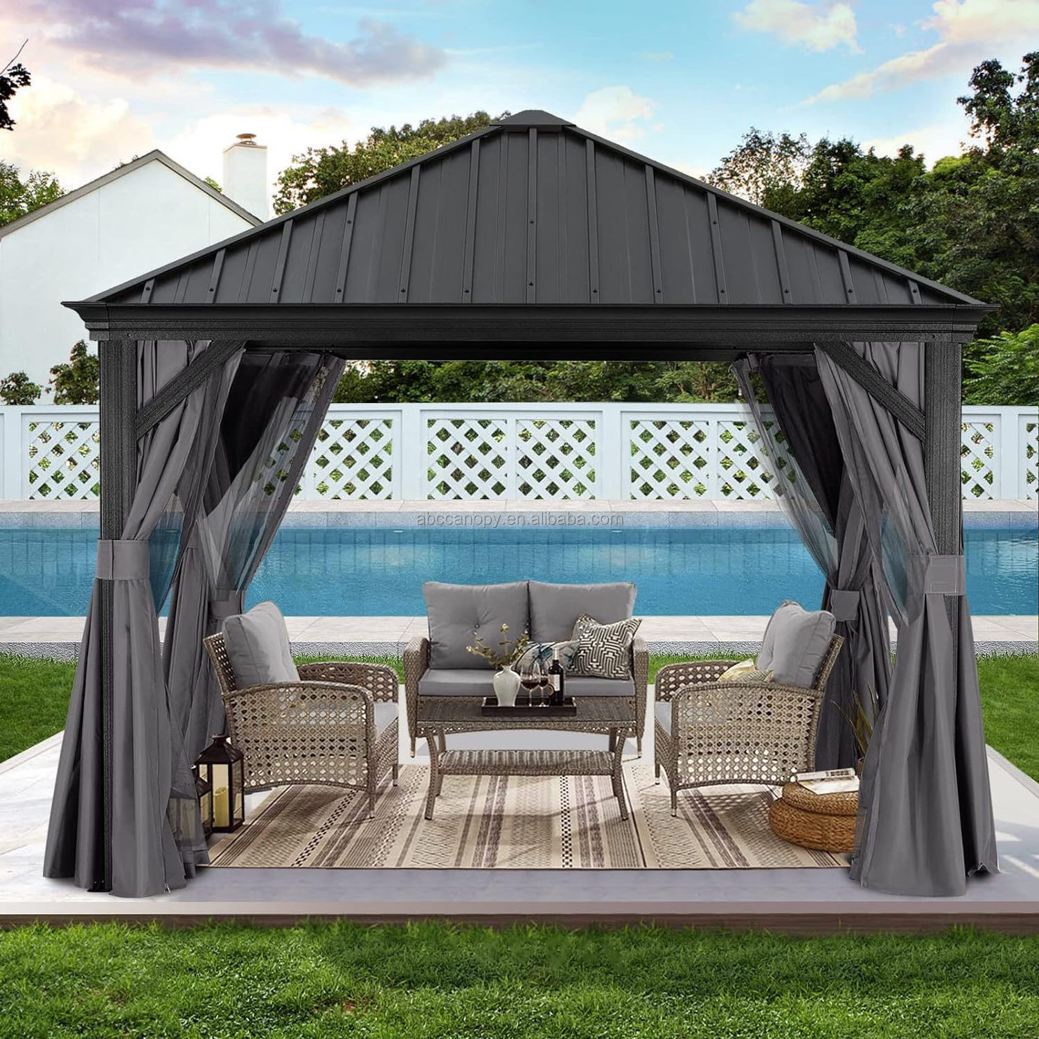 ABCCANOPY Luxury Garden Hardtop Gazebo Grey Aluminum Gazebo For Backyard Pavilion Gazebo Waterproof Roof Sunshade With Netting