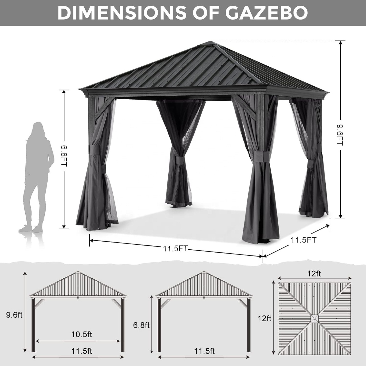 ABCCANOPY Galvanized Steel Roof Hardtop Aluminum Large Outdoor Gazebos Canopy With Netting And Curtains Outdoor Pergola