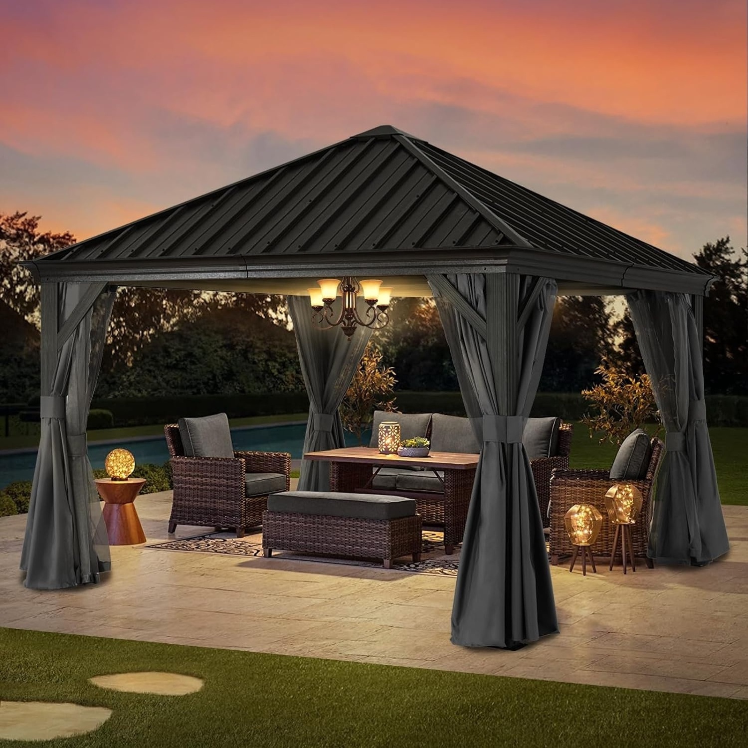 ABCCANOPY Galvanized Steel Roof Hardtop Aluminum Large Outdoor Gazebos Canopy With Netting And Curtains Outdoor Pergola