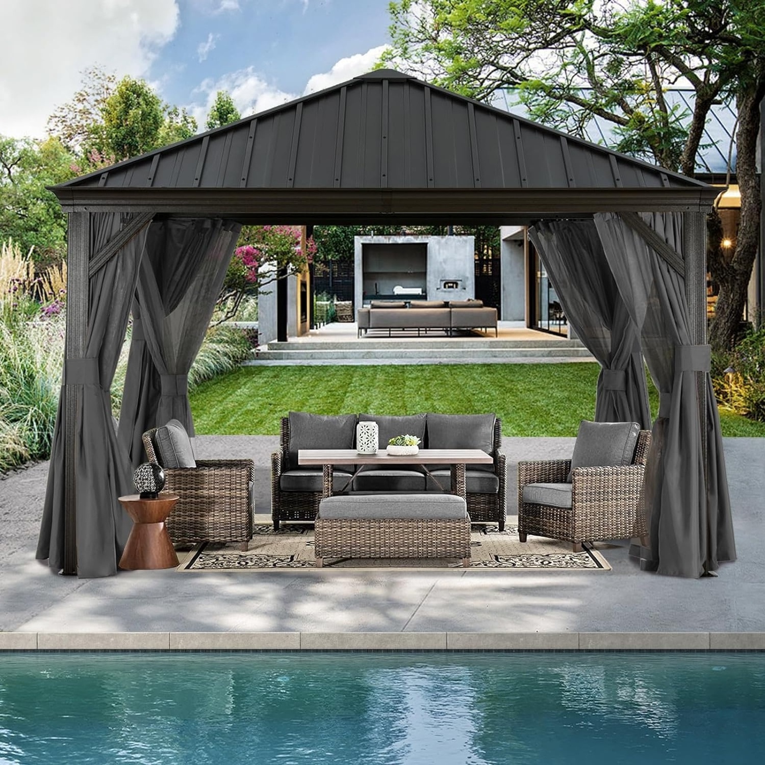 ABCCANOPY Galvanized Steel Roof Hardtop Aluminum Large Outdoor Gazebos Canopy With Netting And Curtains Outdoor Pergola