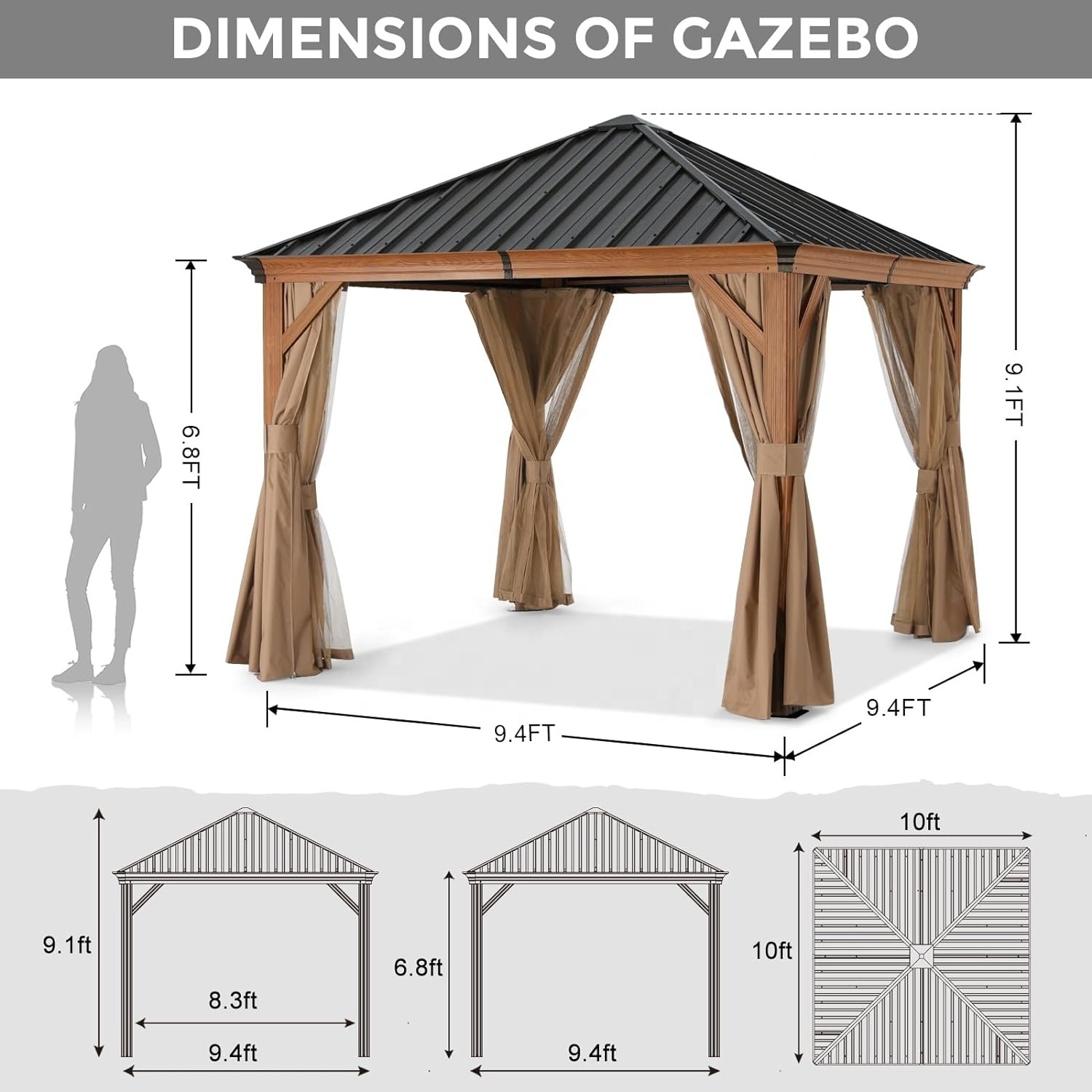 ABCCANOPY 10 X 10 Hardtop Gazebo Aluminum Wood Grain Gazebos Hardtop Garden Tent Outdoor Gazebo Arche With Galvanized Steel Roof