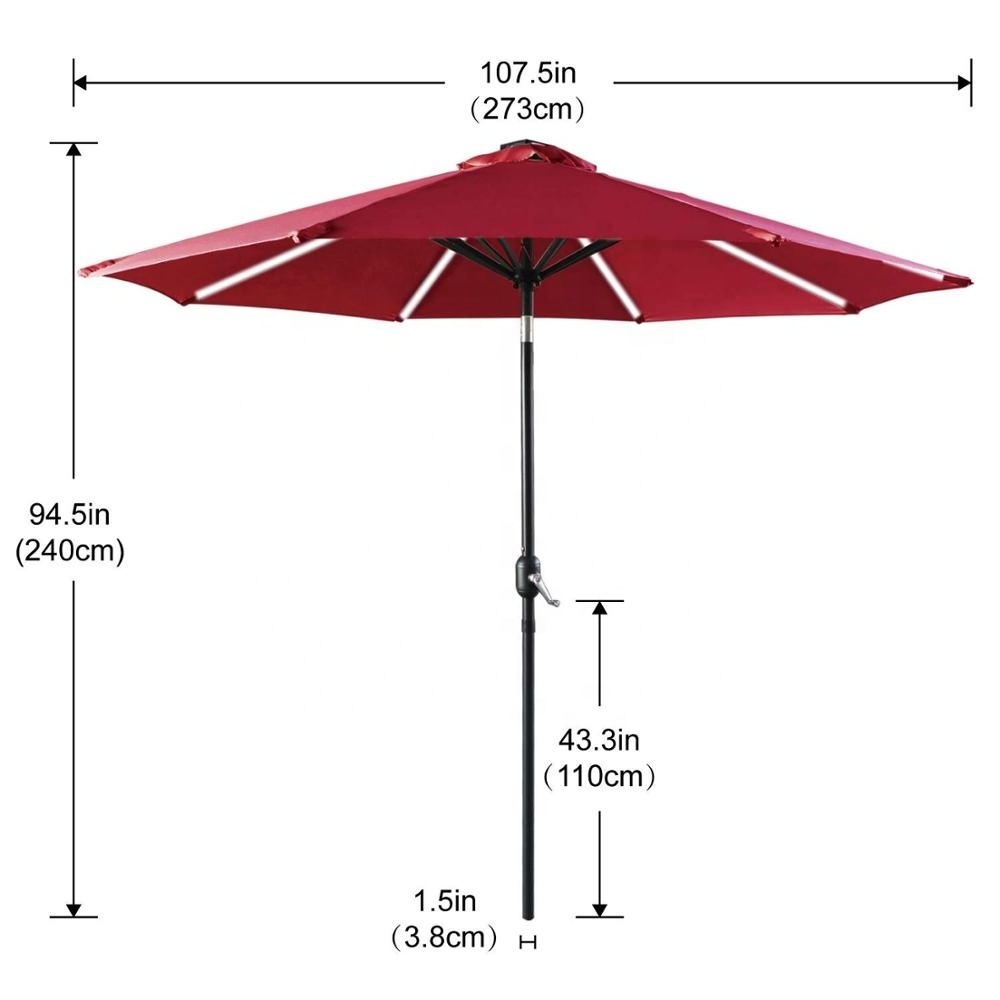 ABCCANOPY 9 FT Solar LED Light Bars Patio Umbrella Solar Powered Outdoor Umbrella 8 Ribs with Push-Button Tilt and Crank